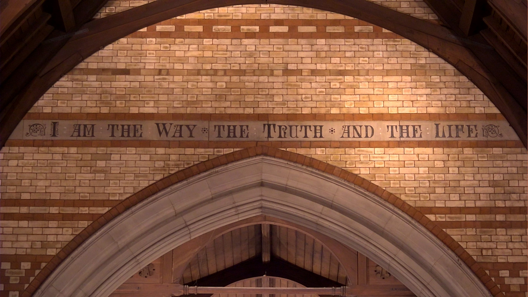 "I am the Way the Truth and the Life" written on bricks at the top of an arch